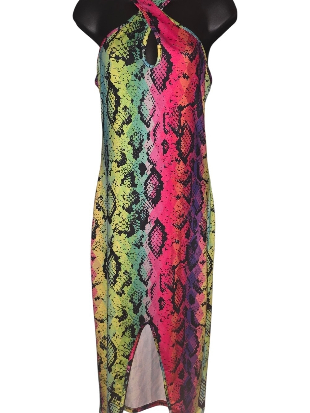 Neon Multi-Color Snakeskin Halter Dress - Size M (US 6)